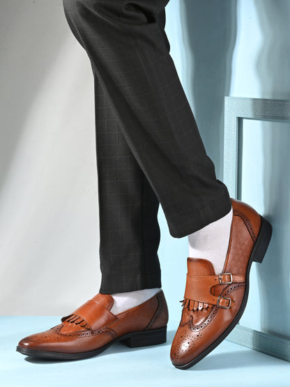 EZRO Men's Tan Double Monk Strap Brogue Dress Shoes with Kiltie Fringe