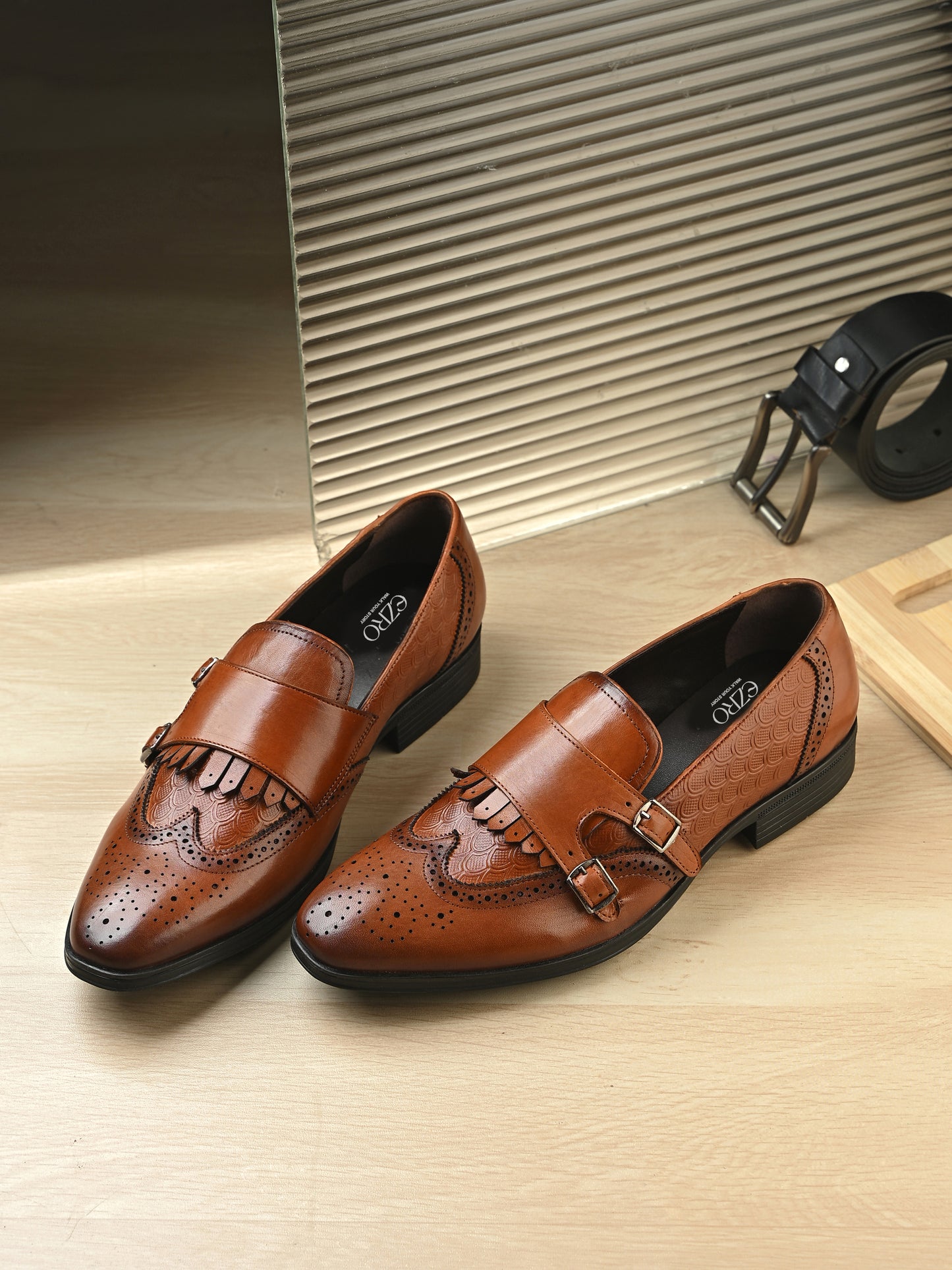 EZRO Men's Tan Double Monk Strap Brogue Dress Shoes with Kiltie Fringe