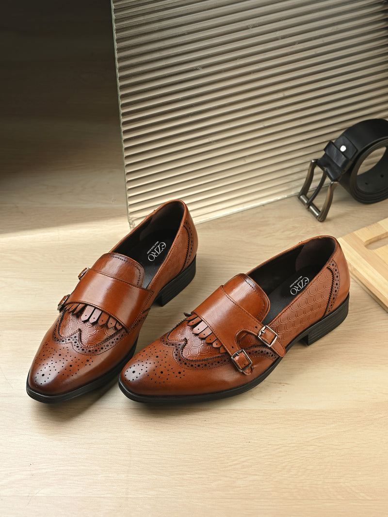 EZRO Men's Tan Double Monk Strap Brogue Dress Shoes with Kiltie Fringe