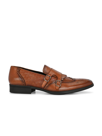 EZRO Men's Tan Double Monk Strap Brogue Dress Shoes with Kiltie Fringe