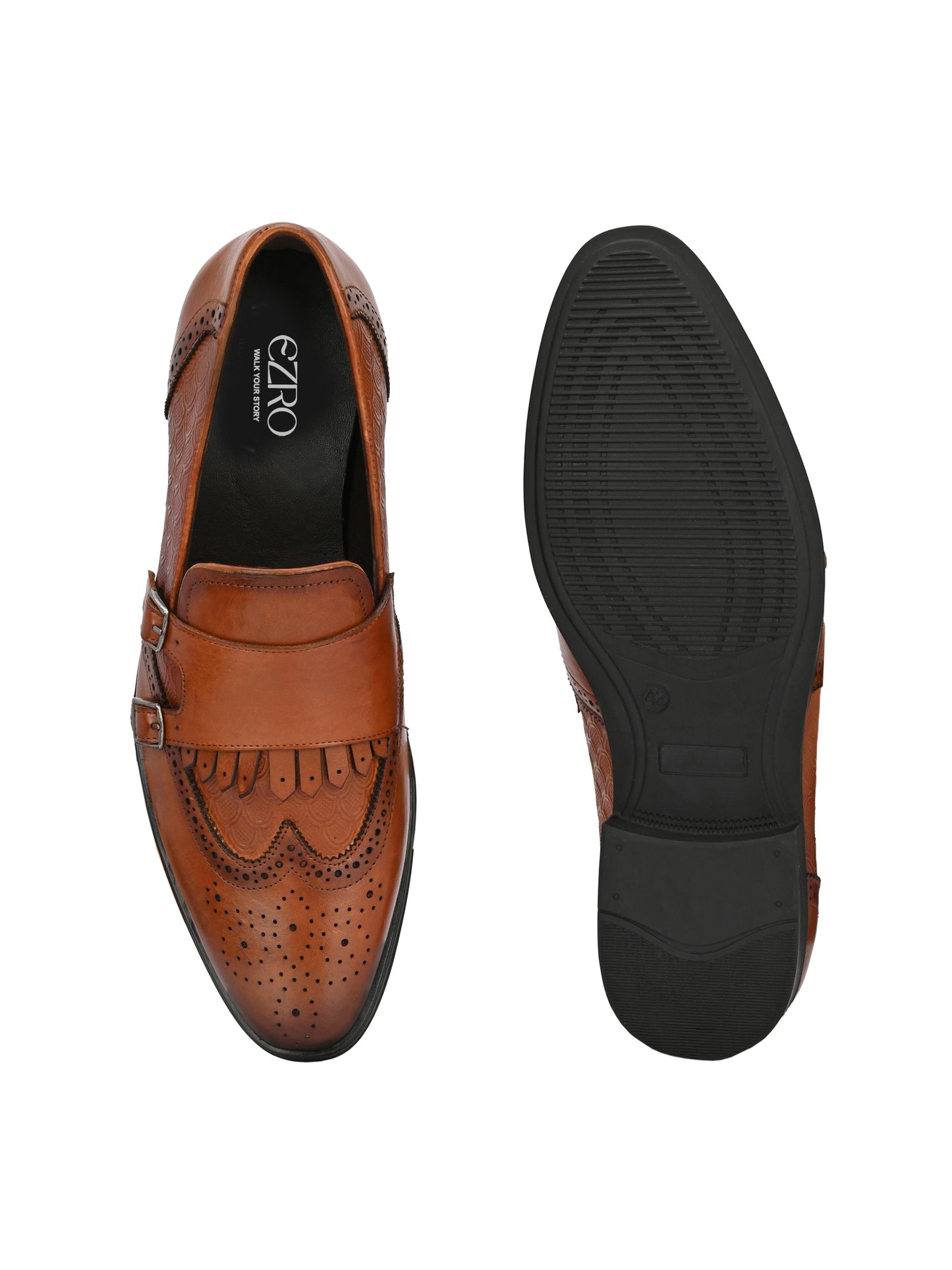 EZRO Men's Tan Double Monk Strap Brogue Dress Shoes with Kiltie Fringe