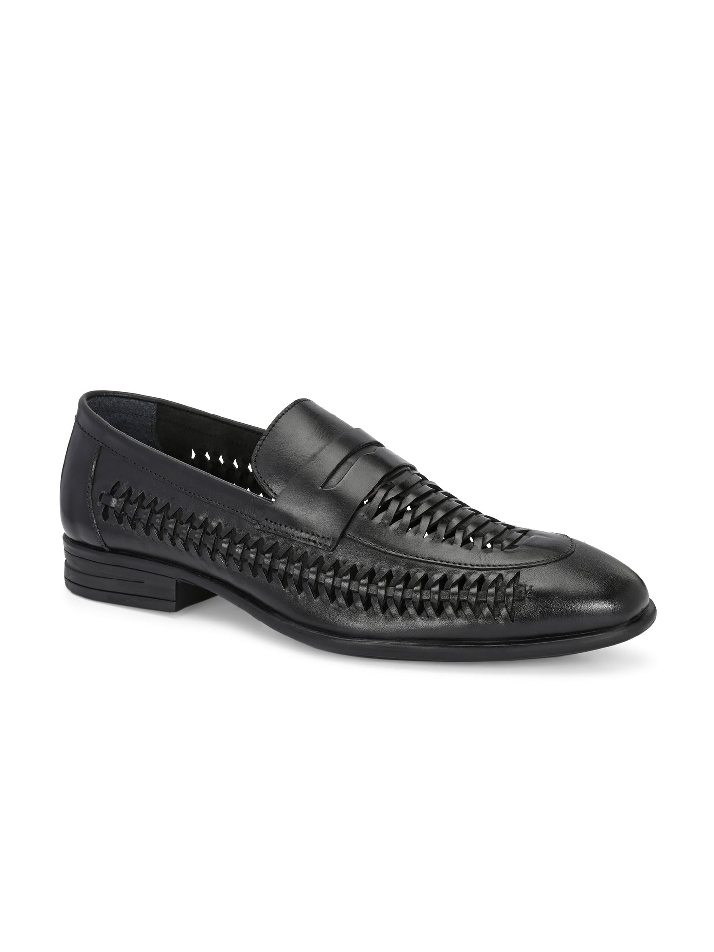EZRO Men's Premium Handwoven Black Leather Penny Loafers | Classic Slip-On Formal Shoes