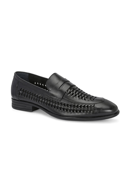 EZRO Men's Premium Handwoven Black Leather Penny Loafers | Classic Slip-On Formal Shoes