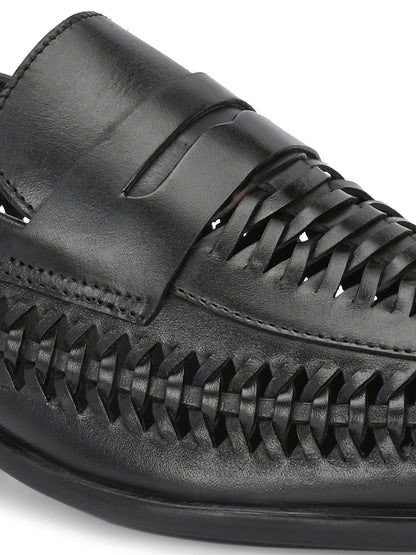 EZRO Men's Premium Handwoven Black Leather Penny Loafers | Classic Slip-On Formal Shoes