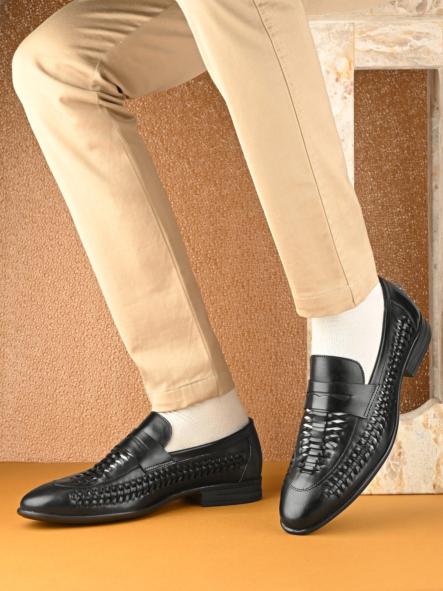 EZRO Men's Premium Handwoven Black Leather Penny Loafers | Classic Slip-On Formal Shoes
