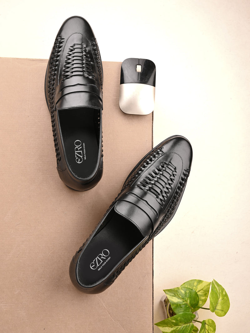 EZRO Men's Premium Black Textured Leather Penny Loafers | Slip-On Formal Dress Shoes