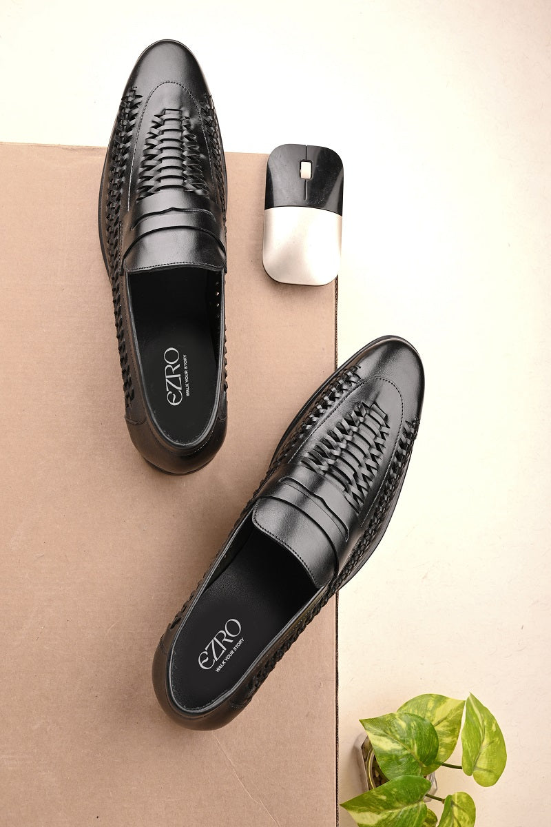EZRO Men's Premium Handwoven Black Leather Penny Loafers | Classic Slip-On Formal Shoes