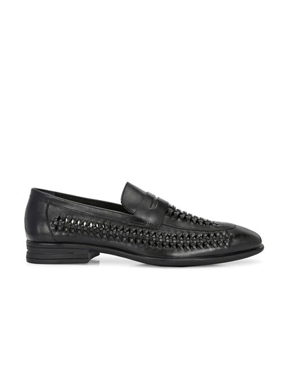 EZRO Men's Premium Handwoven Black Leather Penny Loafers | Classic Slip-On Formal Shoes