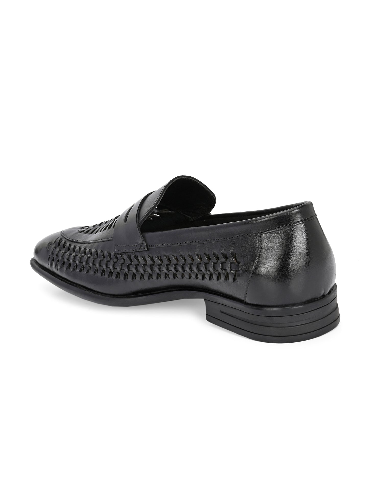 EZRO Men's Premium Handwoven Black Leather Penny Loafers | Classic Slip-On Formal Shoes