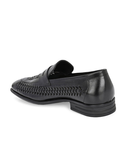 EZRO Men's Premium Handwoven Black Leather Penny Loafers | Classic Slip-On Formal Shoes