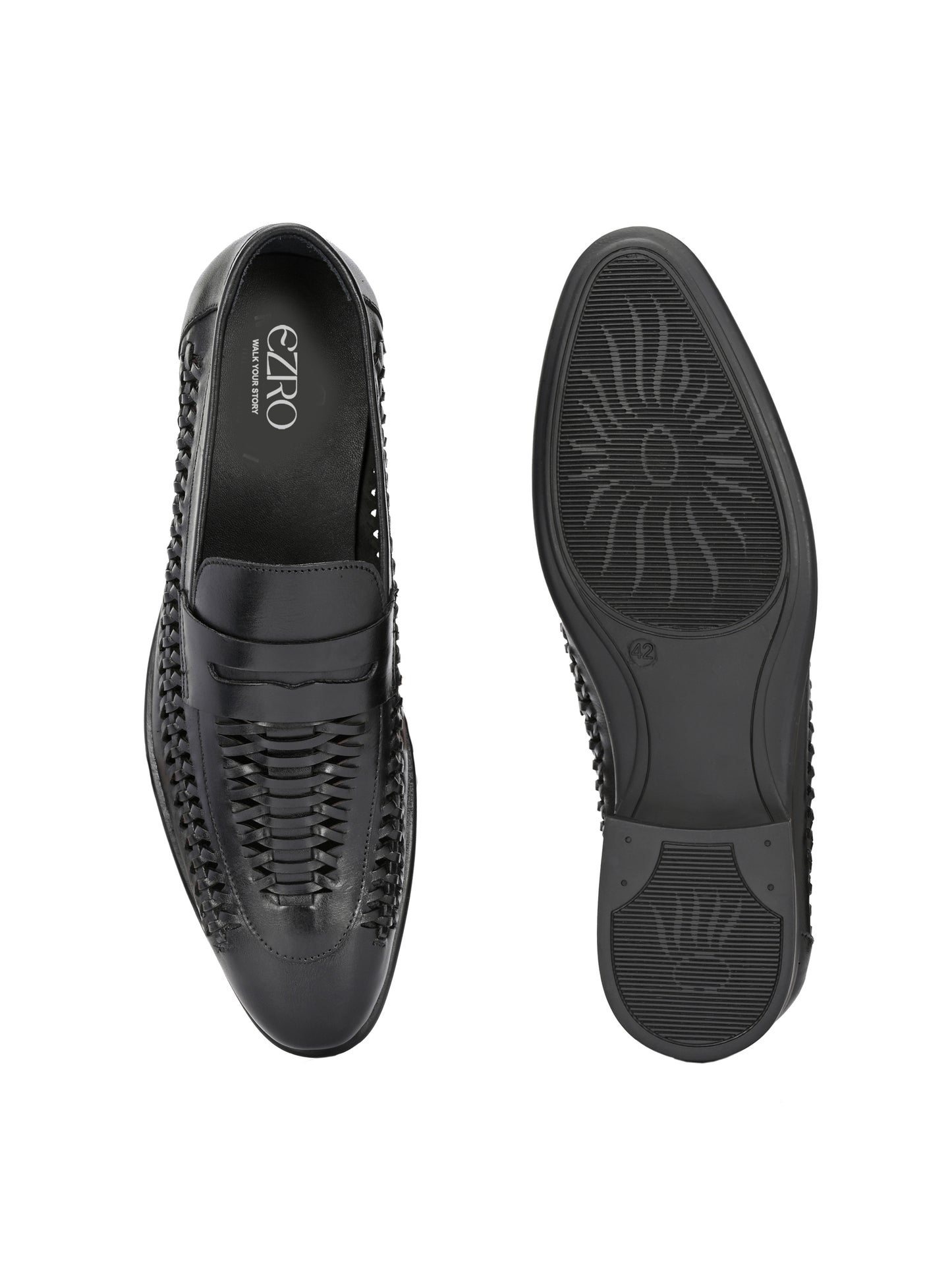 EZRO Men's Premium Handwoven Black Leather Penny Loafers | Classic Slip-On Formal Shoes