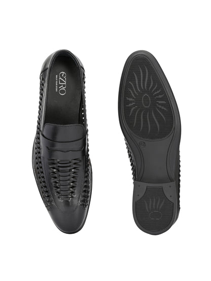 EZRO Men's Premium Handwoven Black Leather Penny Loafers | Classic Slip-On Formal Shoes