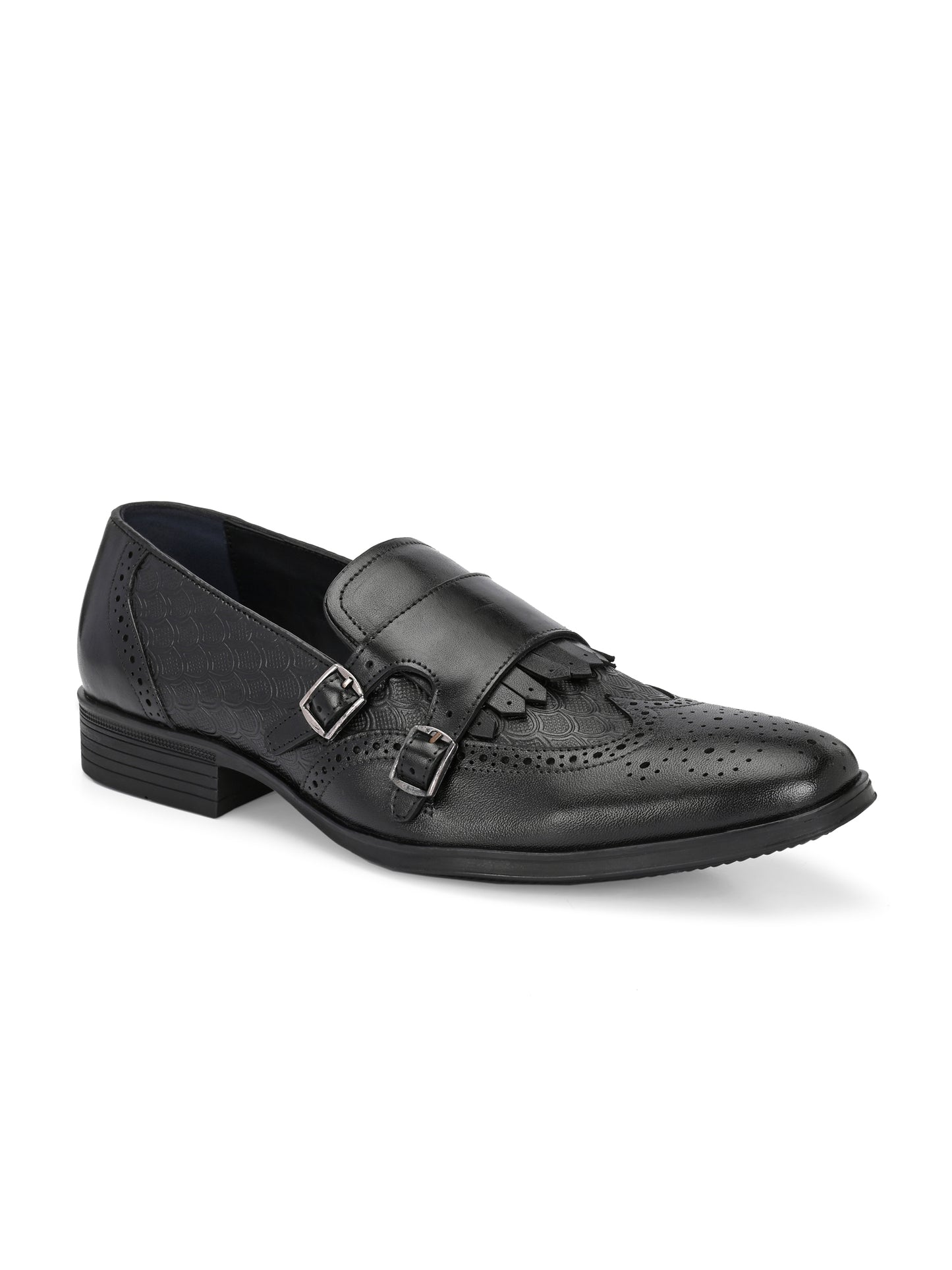 EZRO Men's Black Double Monk Strap Brogue Dress Shoes with Kiltie Fringe