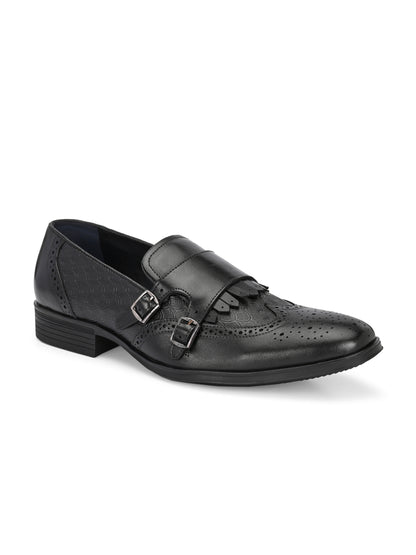 EZRO Men's Black Double Monk Strap Brogue Dress Shoes with Kiltie Fringe