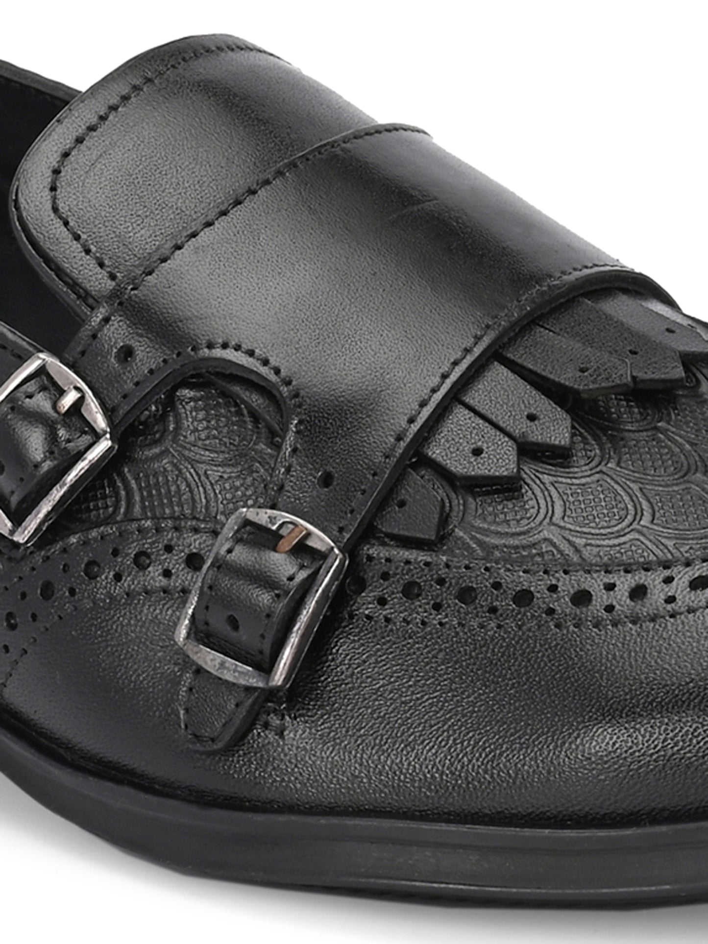 EZRO Men's Black Double Monk Strap Brogue Dress Shoes with Kiltie Fringe