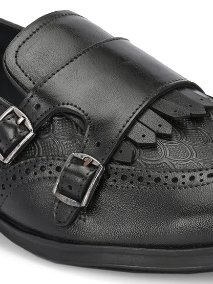 EZRO Men's Black Double Monk Strap Brogue Dress Shoes with Kiltie Fringe