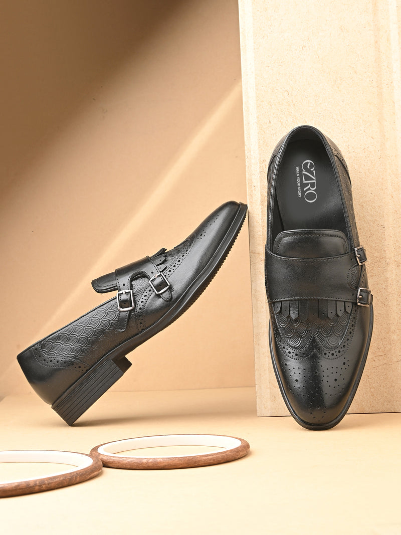 EZRO Men's Black Double Monk Strap Brogue Dress Shoes with Kiltie Fringe
