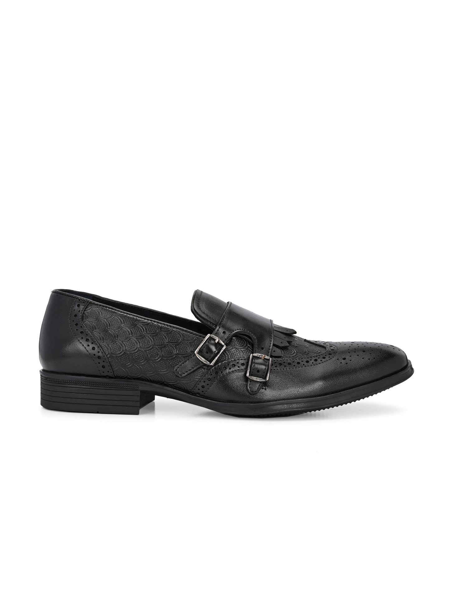 EZRO Men's Black Double Monk Strap Brogue Dress Shoes with Kiltie Fringe