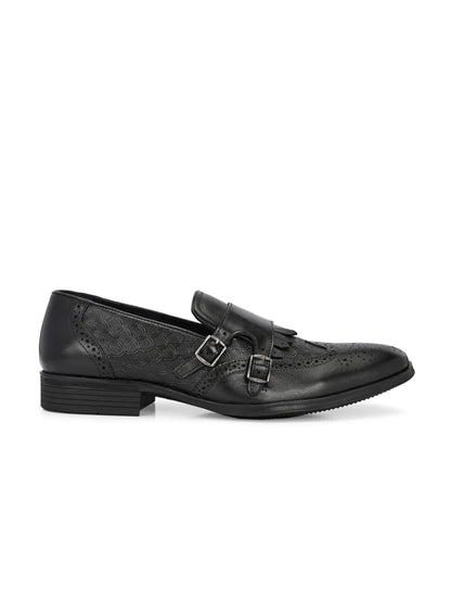 EZRO Men's Black Double Monk Strap Brogue Dress Shoes with Kiltie Fringe