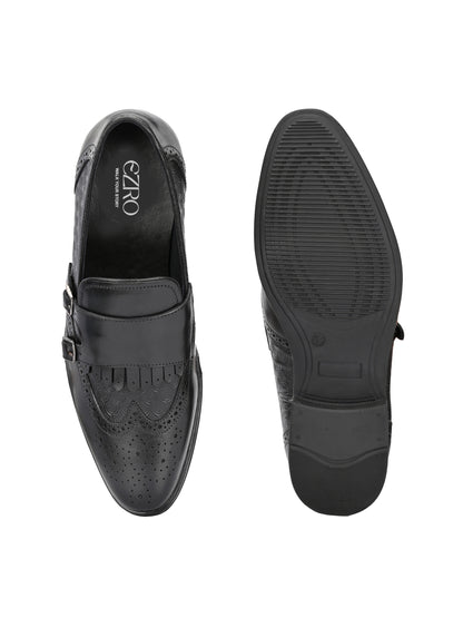EZRO Men's Black Double Monk Strap Brogue Dress Shoes with Kiltie Fringe