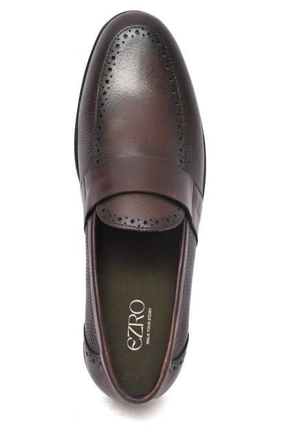 EZRO Men's Brown Slip-On Formal Loafers – Textured Office & Dress Shoes