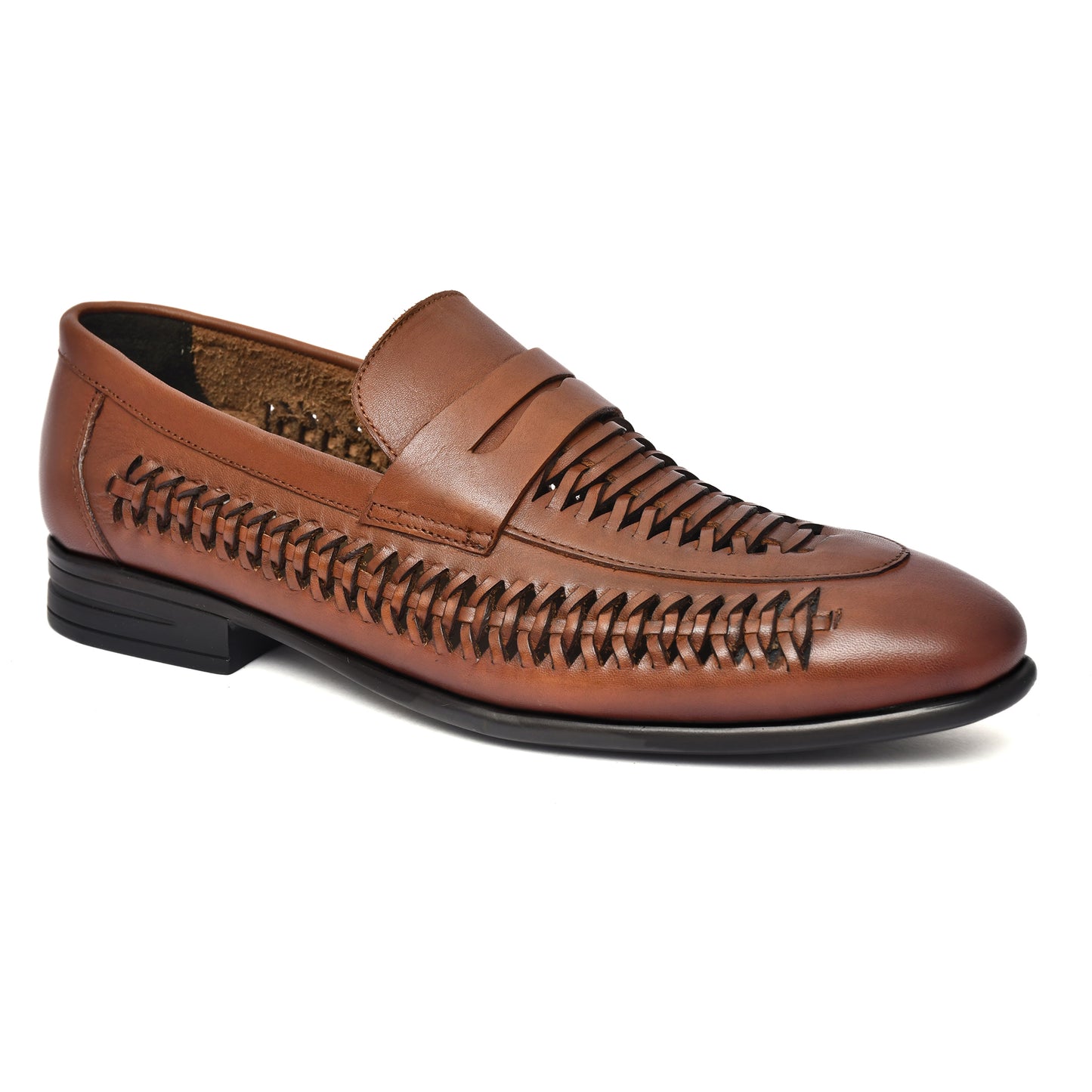 EZRO Men's Premium Handwoven Tan Leather Penny Loafers | Classic Slip-On Formal Shoes