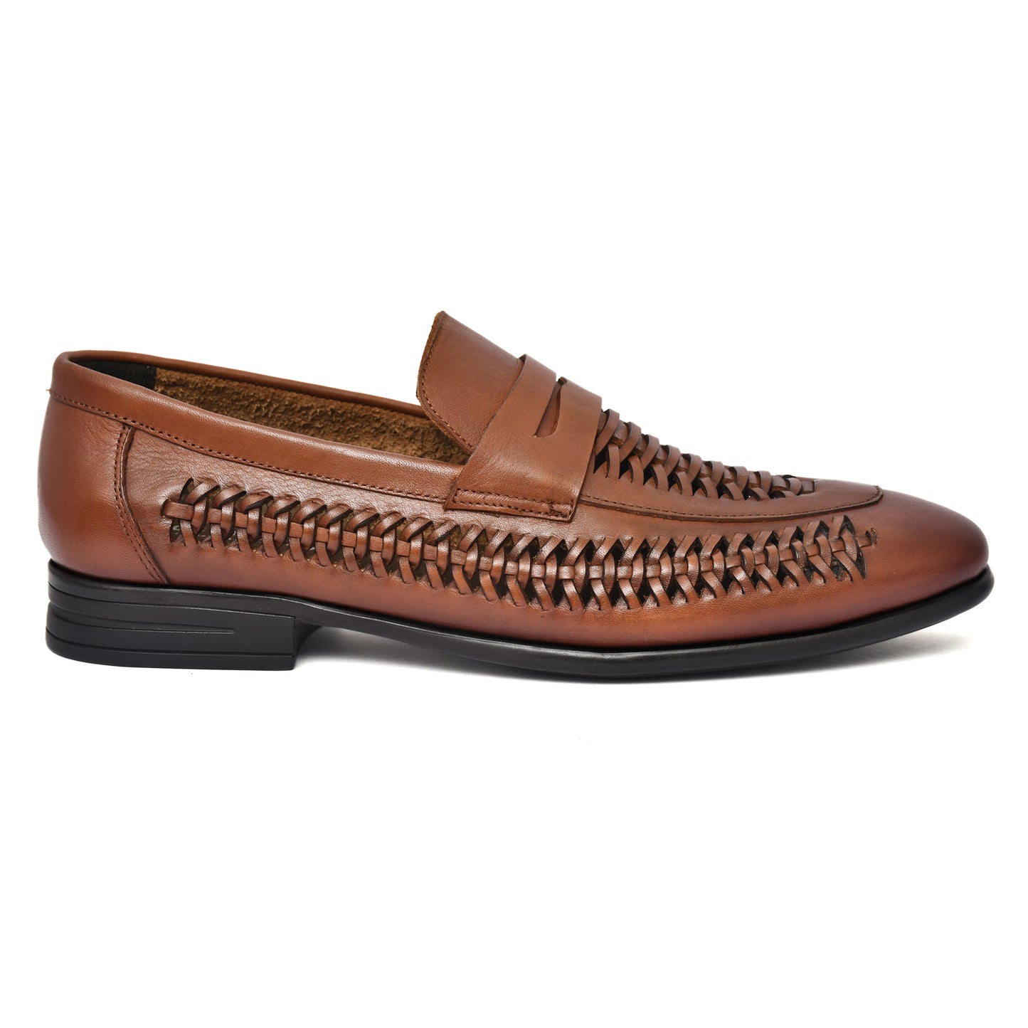 EZRO Men's Premium Handwoven Tan Leather Penny Loafers | Classic Slip-On Formal Shoes