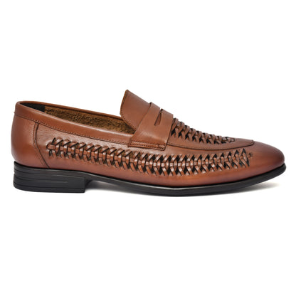 EZRO Men's Premium Handwoven Tan Leather Penny Loafers | Classic Slip-On Formal Shoes