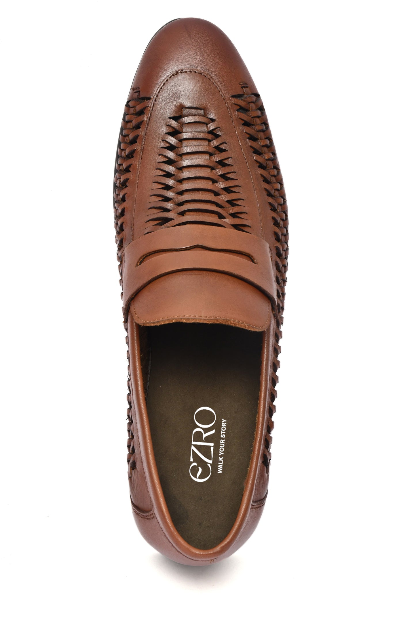 EZRO Men's Premium Handwoven Tan Leather Penny Loafers | Classic Slip-On Formal Shoes