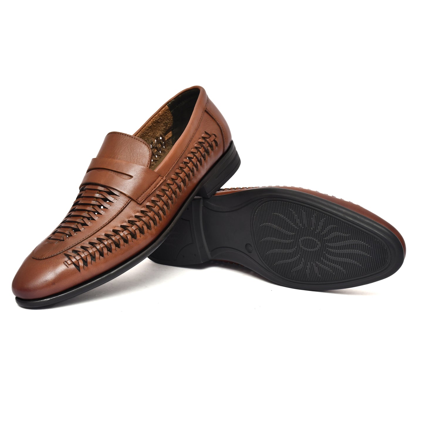 EZRO Men's Premium Handwoven Tan Leather Penny Loafers | Classic Slip-On Formal Shoes