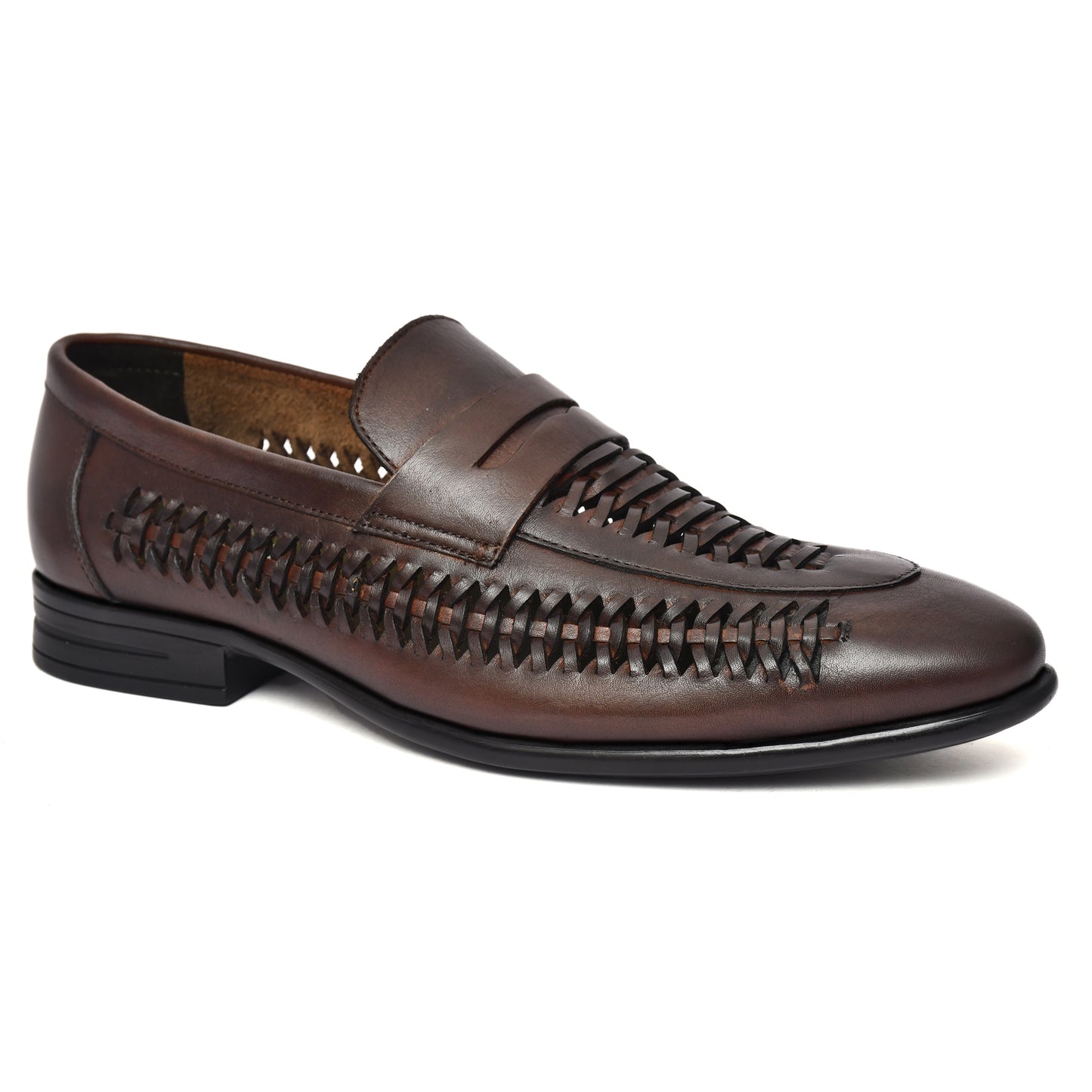 EZRO Men's Premium Handwoven Brown Leather Penny Loafers | Classic Slip-On Formal Shoes