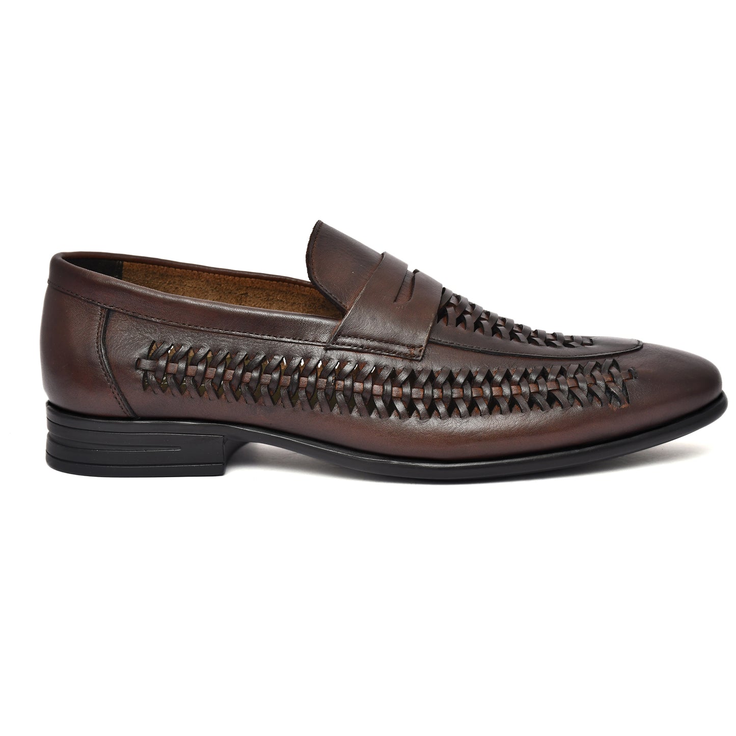EZRO Men's Premium Handwoven Brown Leather Penny Loafers | Classic Slip-On Formal Shoes