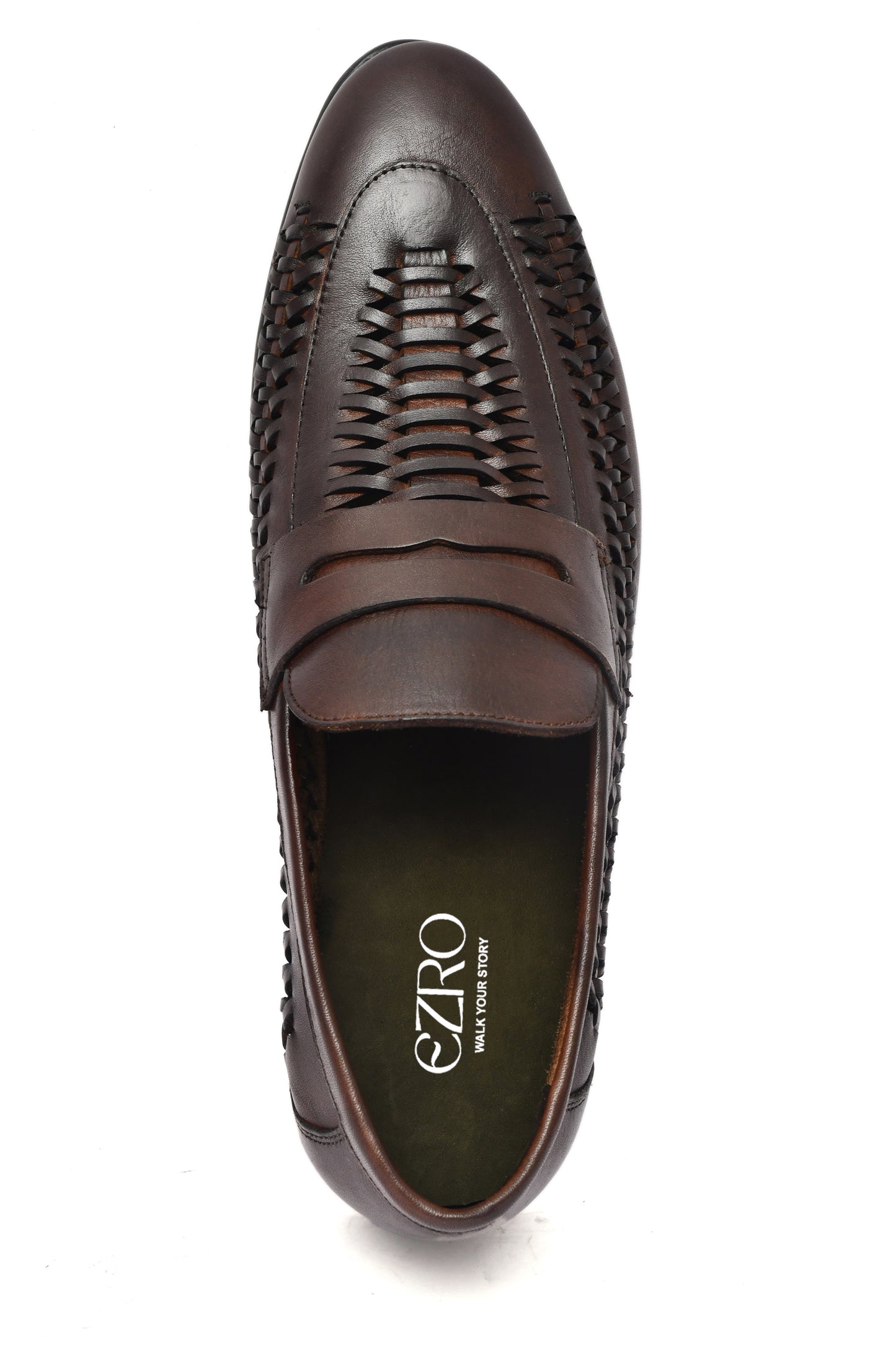 EZRO Men's Premium Handwoven Brown Leather Penny Loafers | Classic Slip-On Formal Shoes