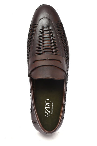 EZRO Men's Premium Handwoven Brown Leather Penny Loafers | Classic Slip-On Formal Shoes