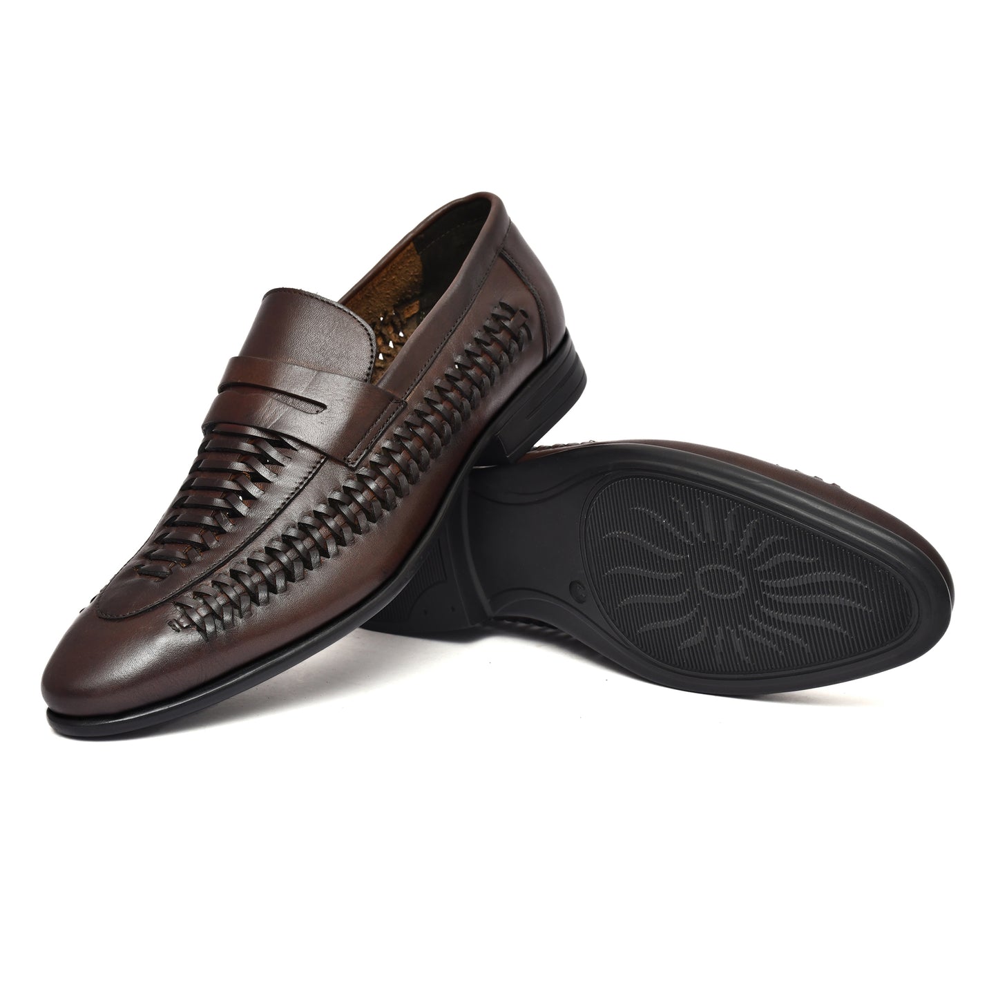 EZRO Men's Premium Handwoven Brown Leather Penny Loafers | Classic Slip-On Formal Shoes