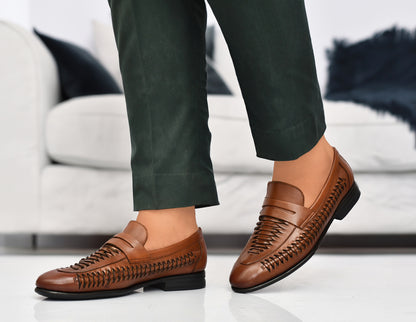 EZRO Men's Premium Handwoven Tan Leather Penny Loafers | Classic Slip-On Formal Shoes