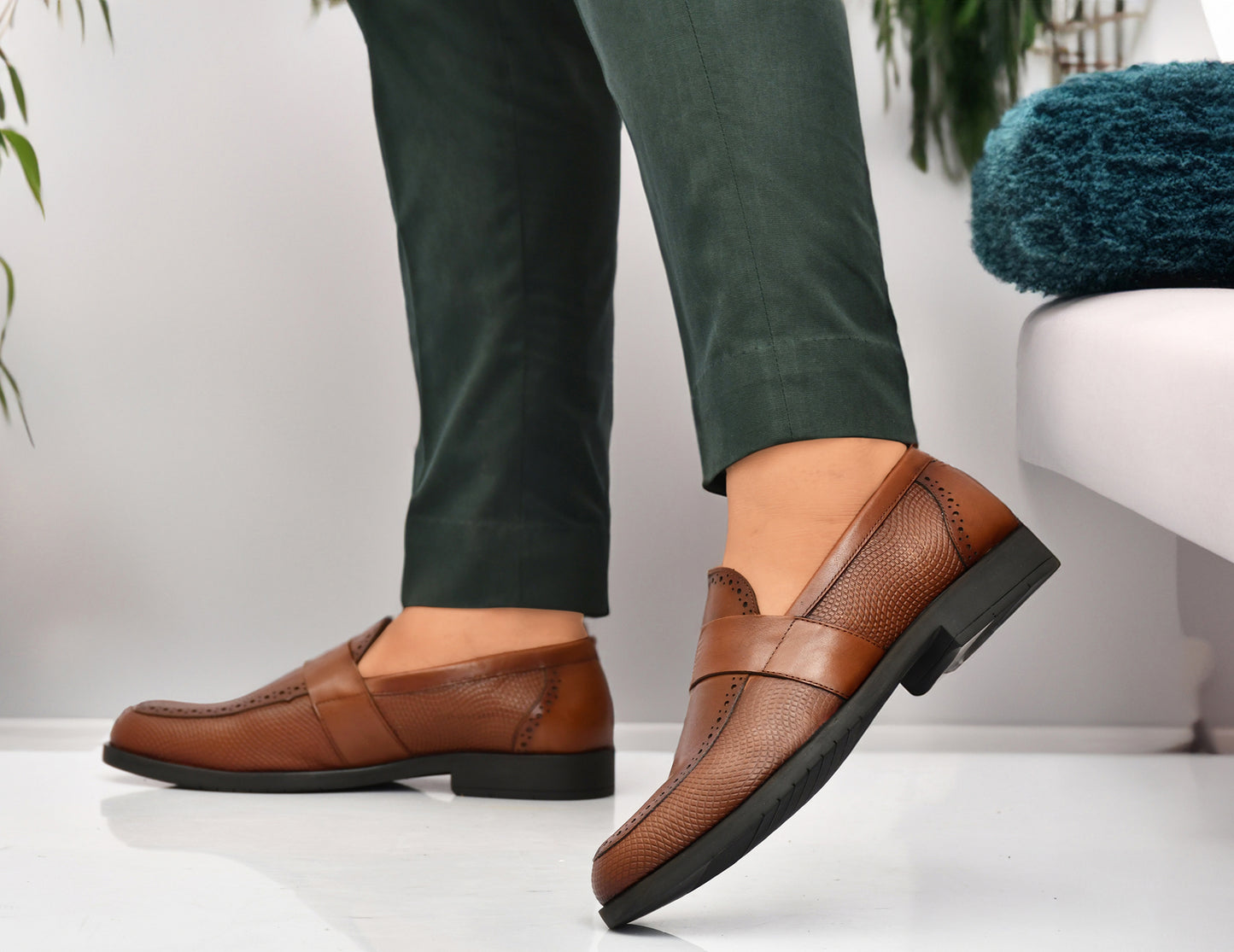 EZRO Men's Tan Slip-On Formal Loafers – Textured Office & Dress Shoes