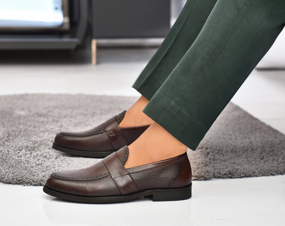 EZRO Men's Brown Slip-On Formal Loafers – Textured Office & Dress Shoes