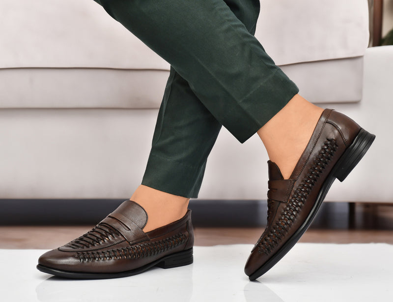 EZRO Men's Premium Blrown Textured Leather Penny Loafers | Slip-On Formal Dress Shoes