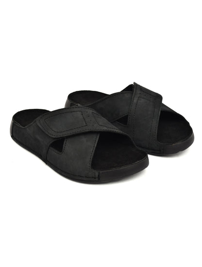EZRO Men's Black Adjustable Comfort Slippers | Lightweight Casual Slide Sandals for Everyday Wear