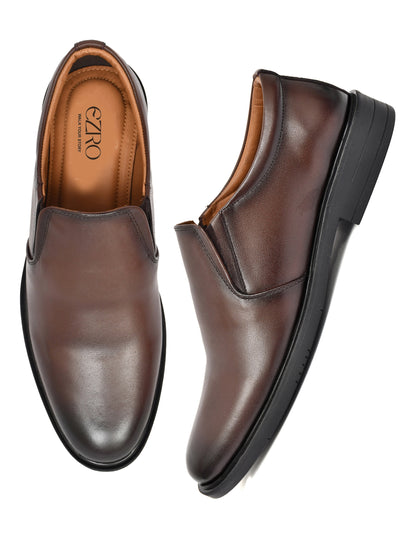 EZRO Men's Classic Brown Leather Slip-On Formal Shoes