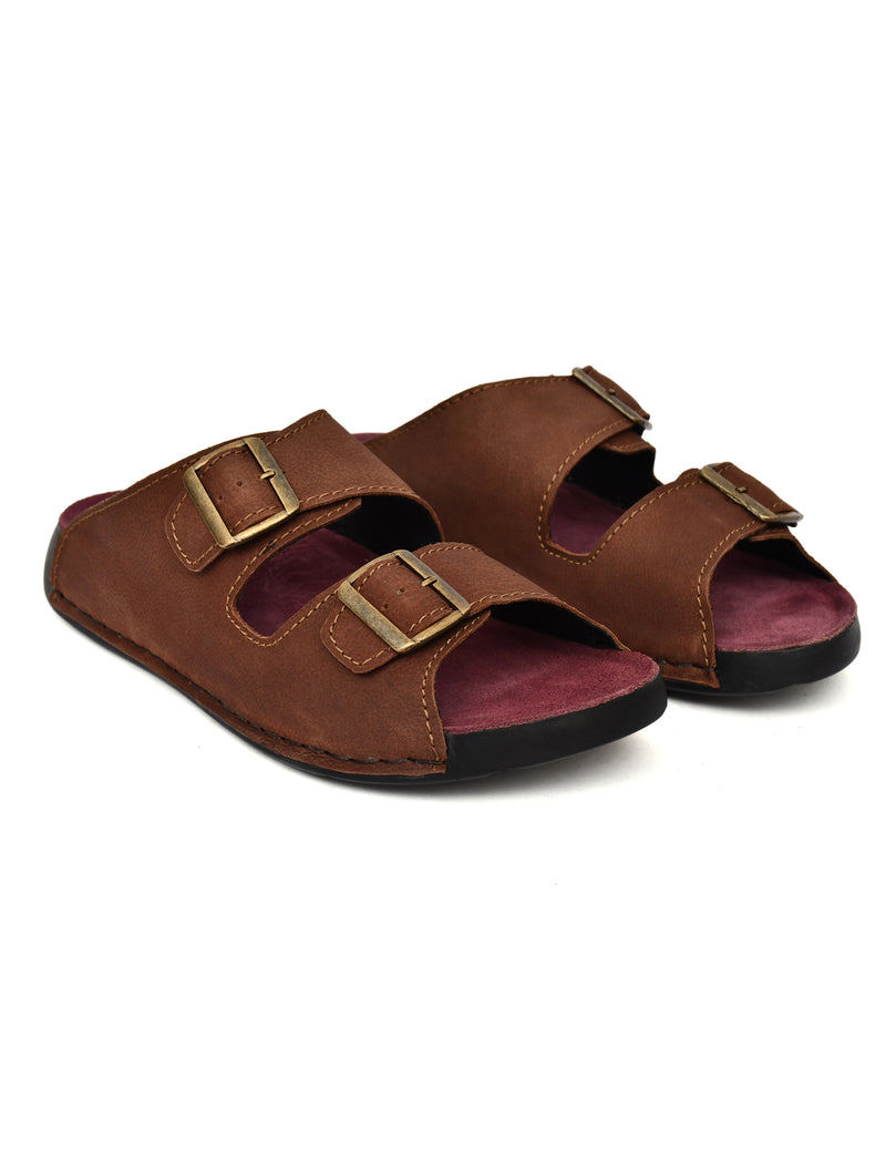 EZRO Men's Brown Adjustable Double Buckle Comfort Slippers | Casual Open-Toe Slip-On Sandals