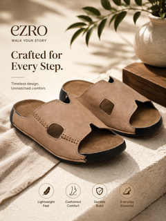 EZRO Men's Brown Comfort Slippers | Premium Open-Toe Casual Slip-On Slippers for Home & Everyday Wear
