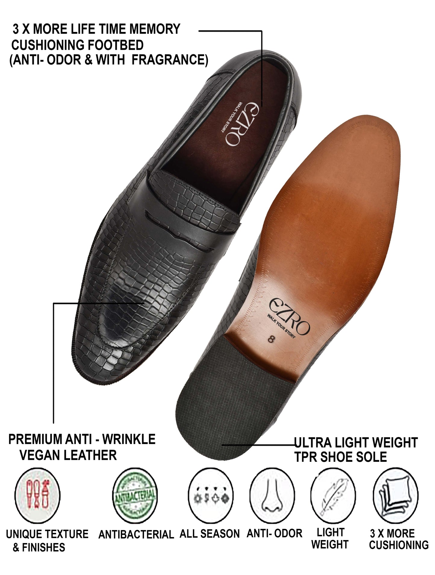 EZRO Men's Black Loafers | Premium Slip-On Casual & Formal Shoes for Everyday Comfort