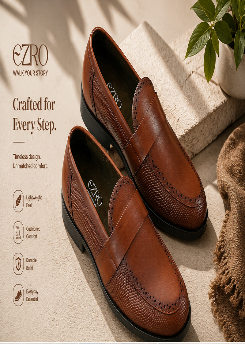 EZRO Men's Tan Slip-On Formal Loafers – Textured Office & Dress Shoes